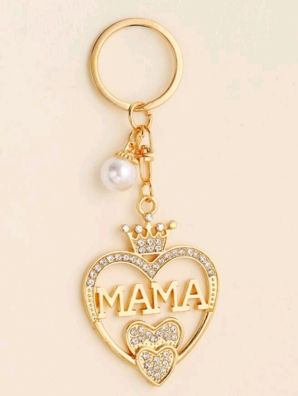Gold MAMA Heart Keychain with Crown and Pearl Charm Bag Accessory Mom Gift